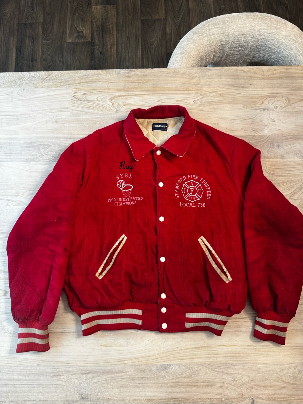Holloway Red Firefighters Varsity Jacket - Men’s Red corduroy vintage 90s